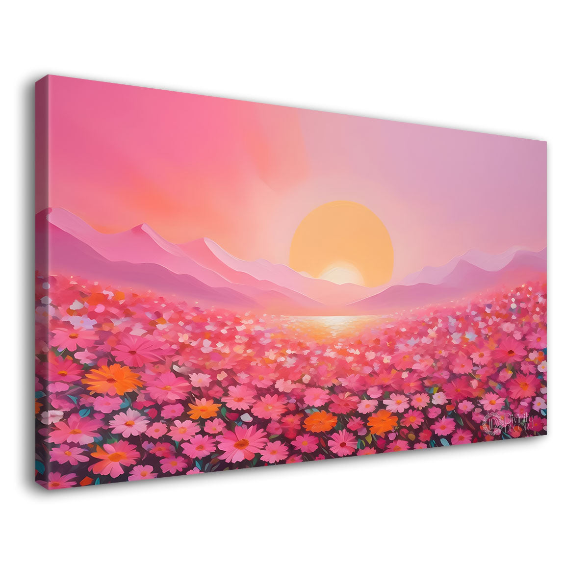 Pink flowers land with sunrise and pink background canvas painting- Flower-471