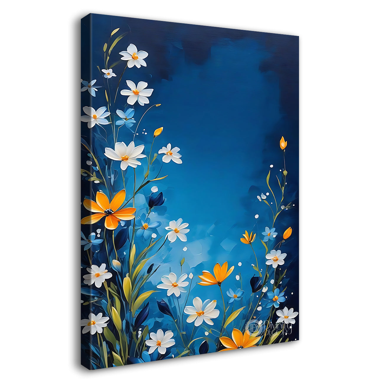 White flowers in blue textured painting- Flower-V-471