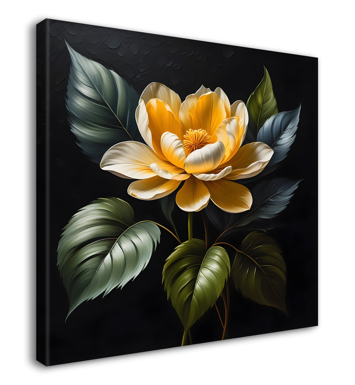 Yellow flower in black textured oil painting - Flower-S-471