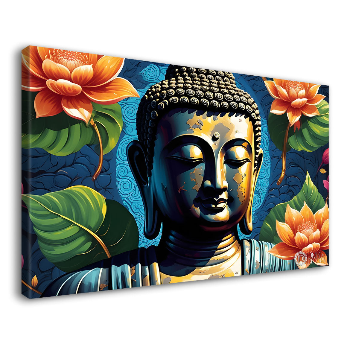 Golden buddha with the beautiful flowers background textured painting Canvas Wall Painting - Buddha-472