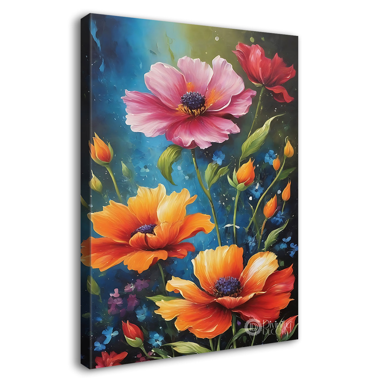 Orange and pink flowers in blue textured background painting- Flower-V-472