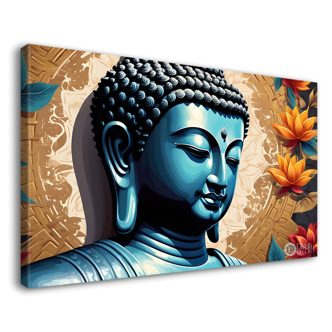 Blue buddha with the beautiful flowers background textured painting Canvas Wall Painting - Buddha-473