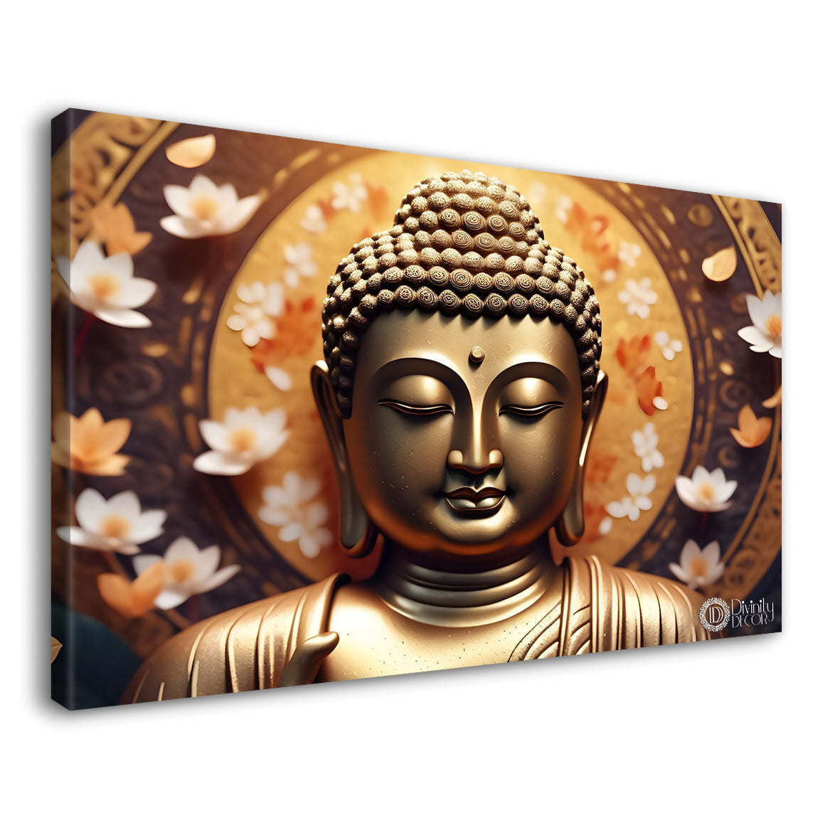 Golden buddha with the beautiful white flowers background textured painting Canvas Wall Painting - Buddha-474