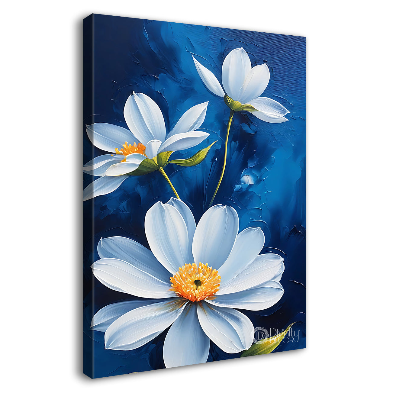 White flowers in navy blue background painting- Flower-V-474