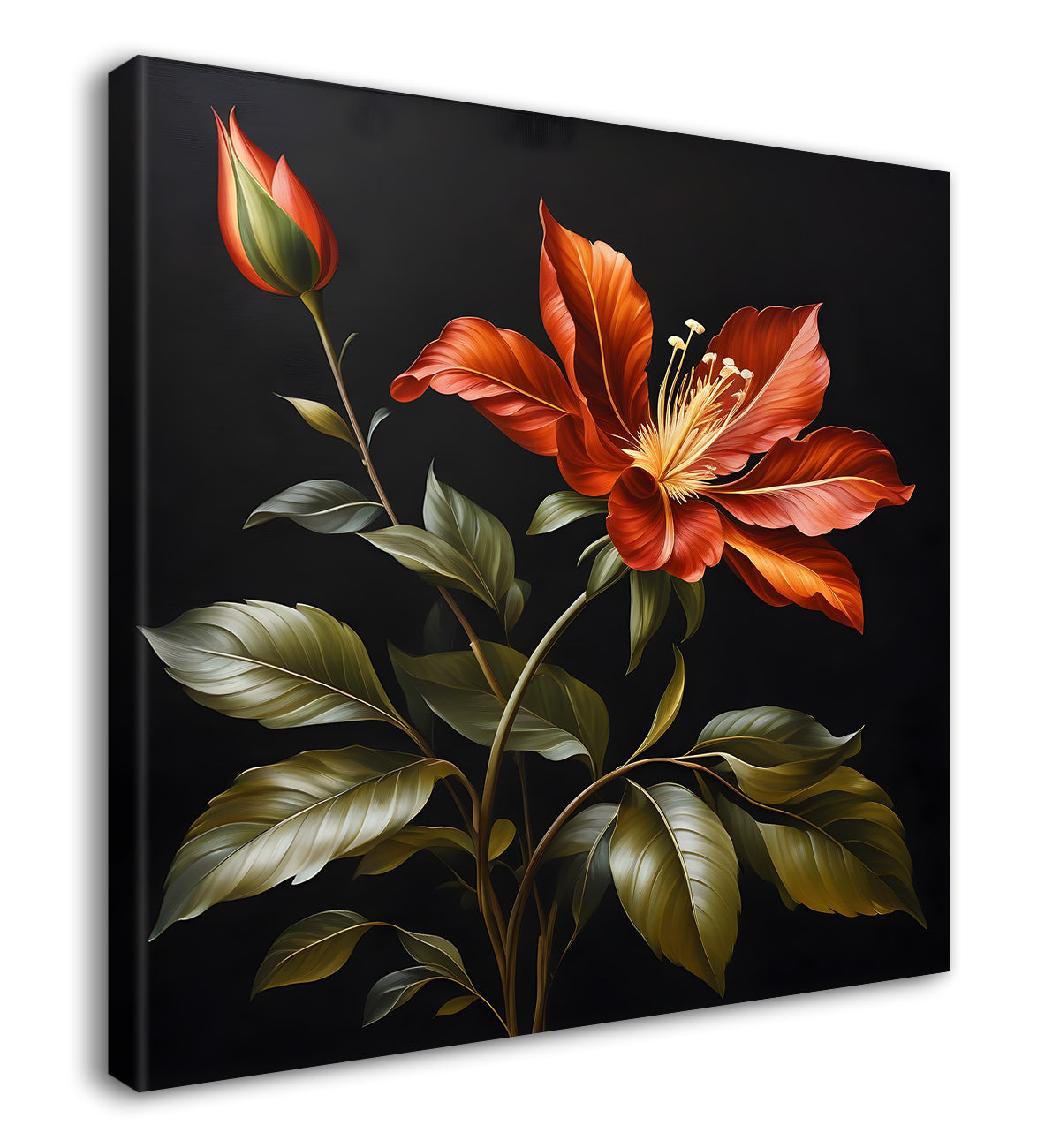 Pink flower in black textured oil painting - Flower-S-474