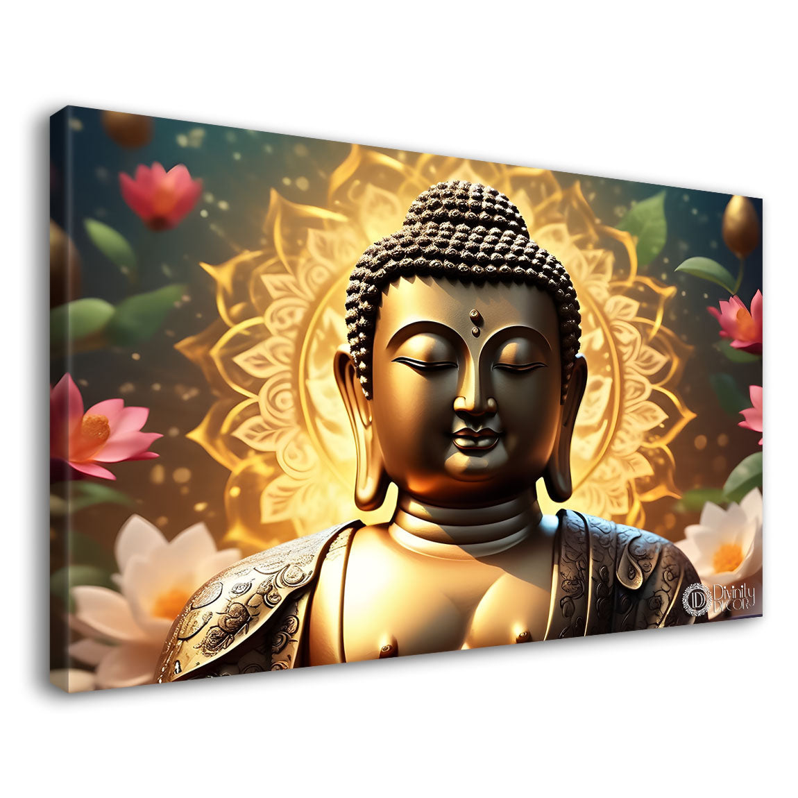 Golden buddha with the beautiful flowers background textured painting Canvas Wall Painting - Buddha-475