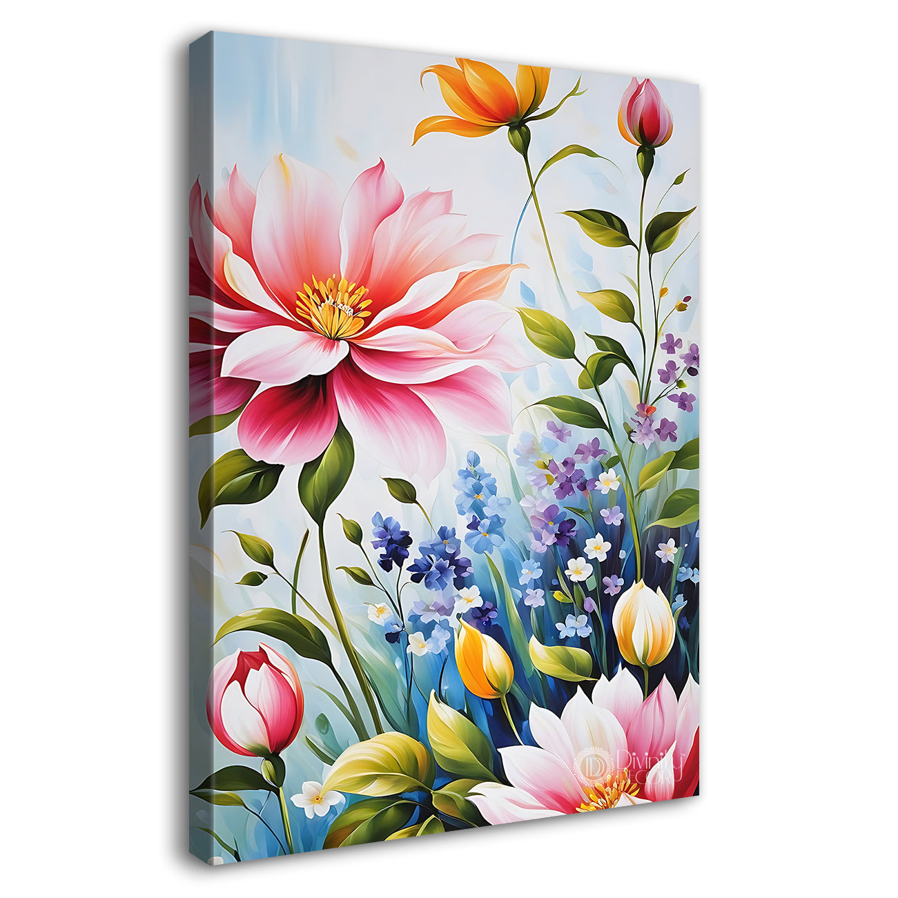 Pink flowers in sky blue textured background painting- Flower-V-475