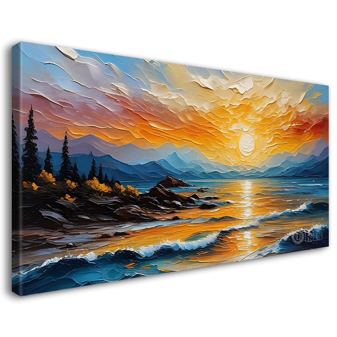 Mountains with river and tree in sunset painting Canvas Painting - Nature Art -475