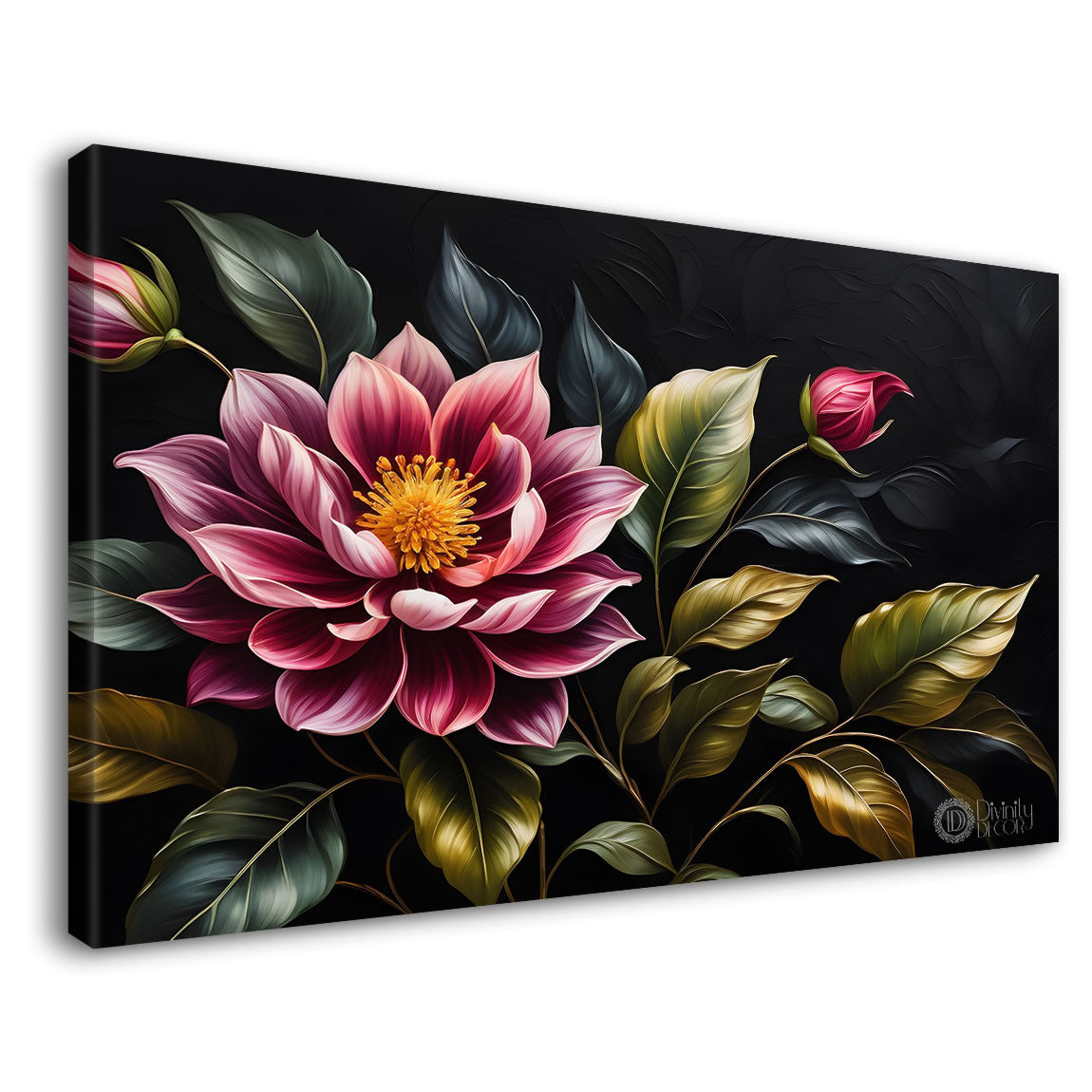 Pink flowers in black background canvas painting- Flower-475