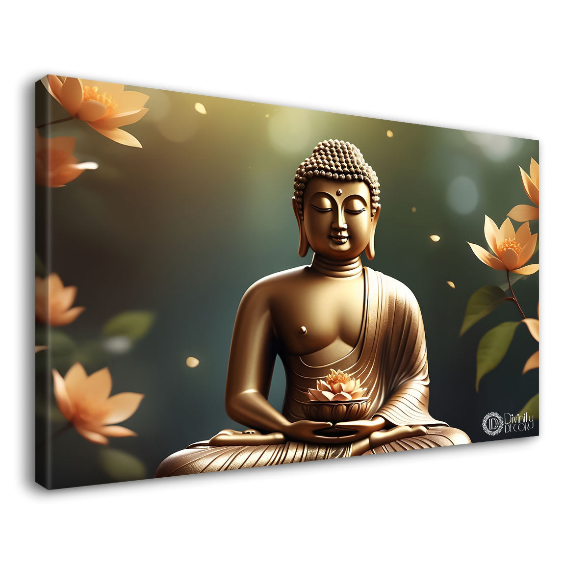 Golden buddha with the beautiful flowers background textured painting Canvas Wall Painting - Buddha-476