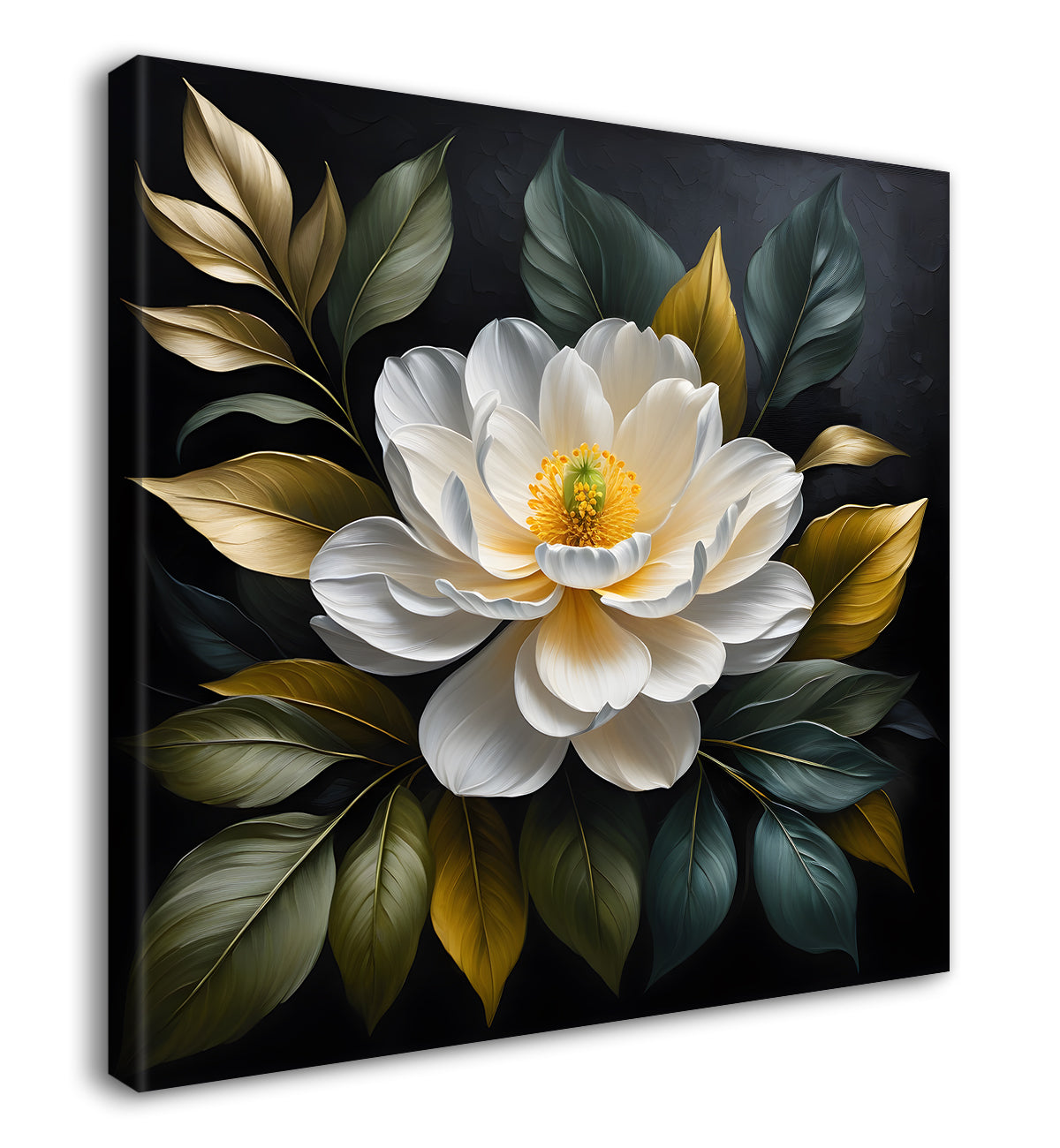 White flower in black textured oil painting - Flower-S-476
