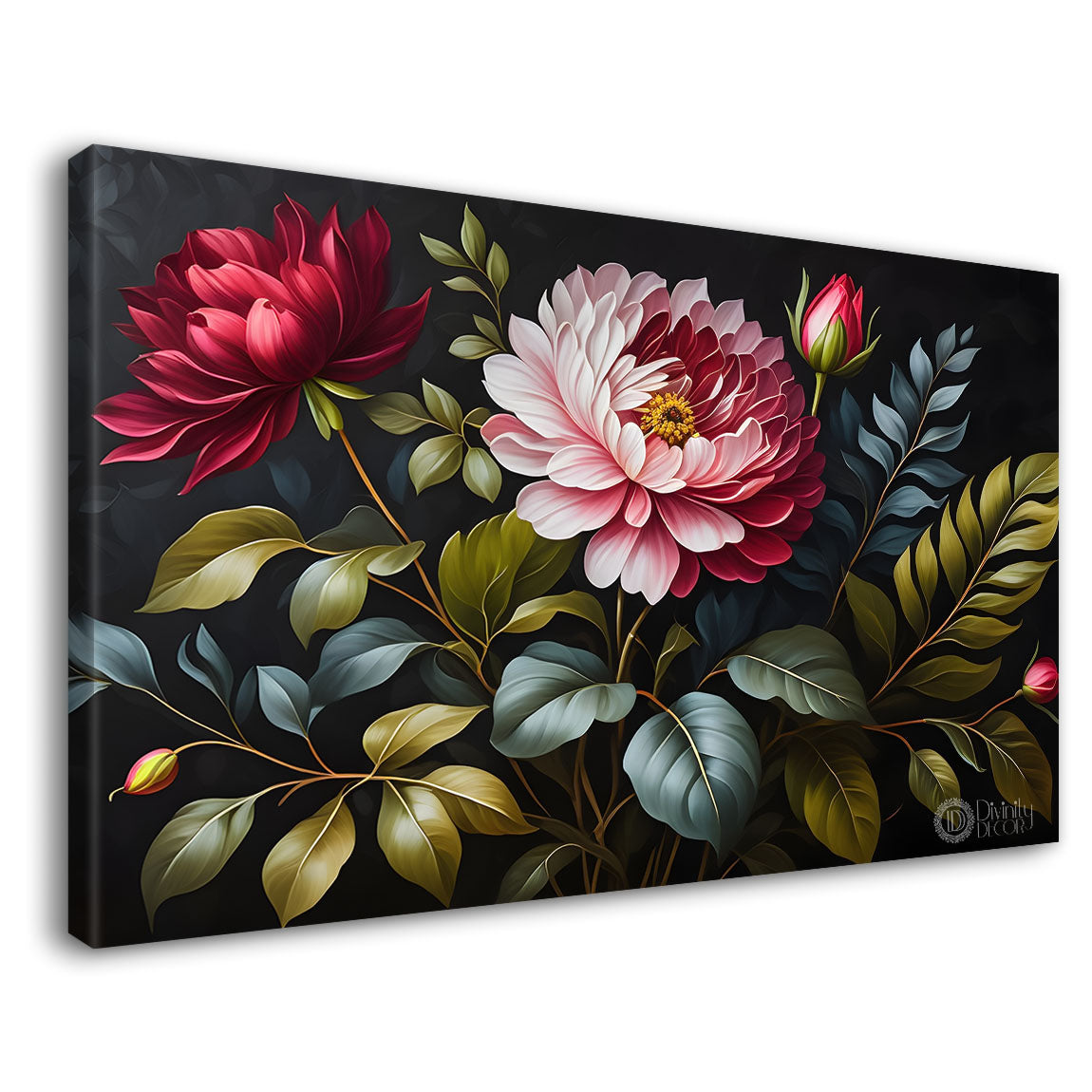 Pink flowers in black background canvas painting- Flower-476