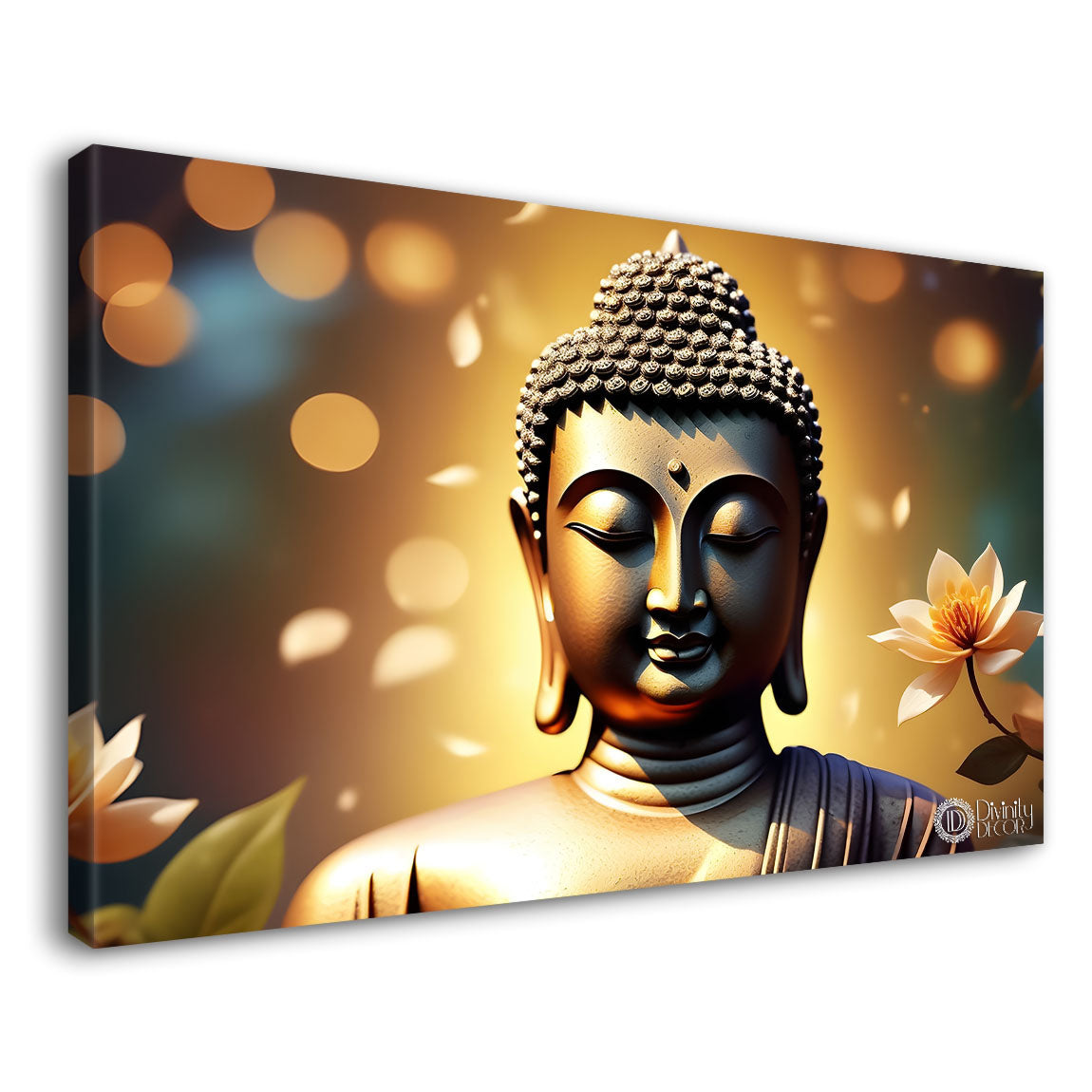 Golden buddha with the beautiful white flowers background textured painting Canvas Wall Painting - Buddha-477