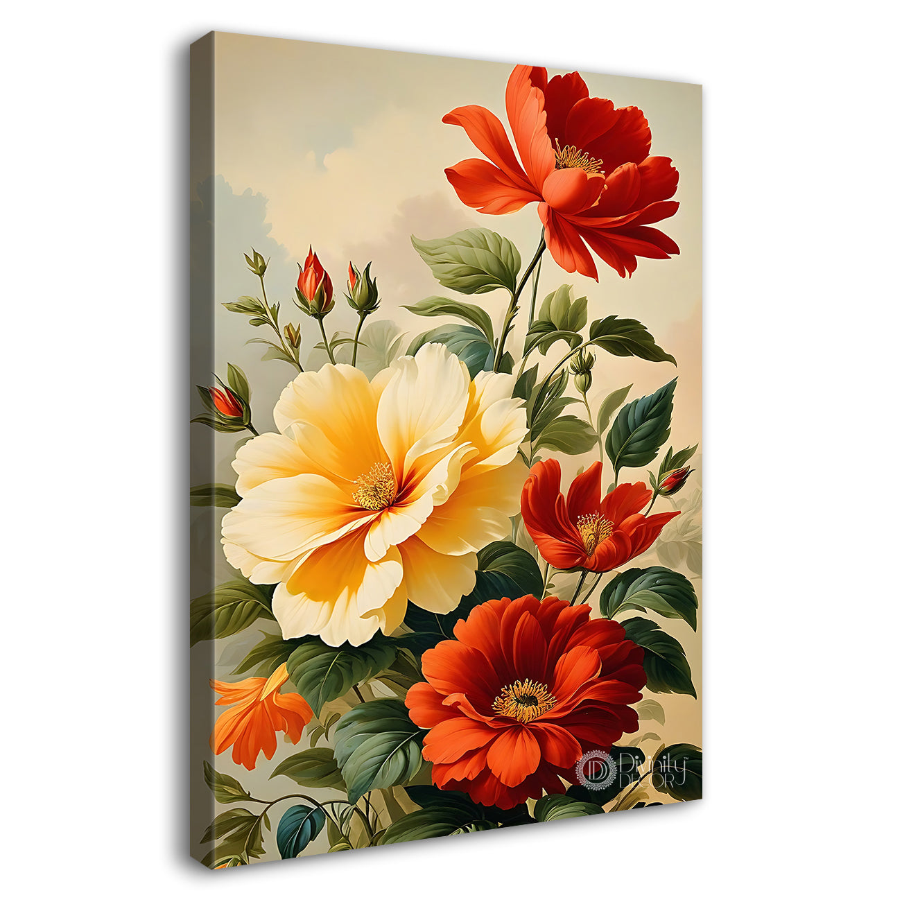 Yellow and red flowers in light textured painting- Flower-V-477
