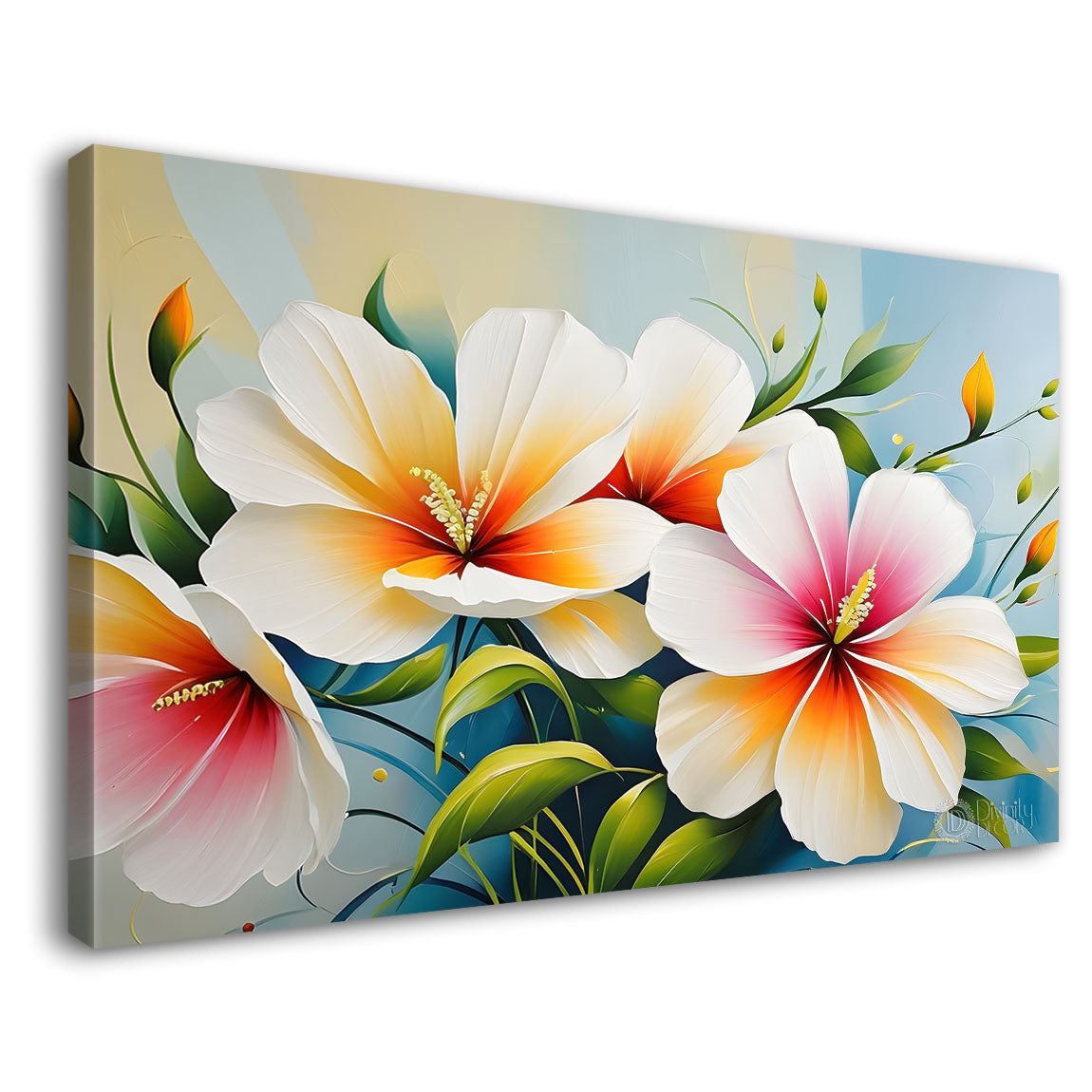 White flowers in blue background canvas painting- Flower-477