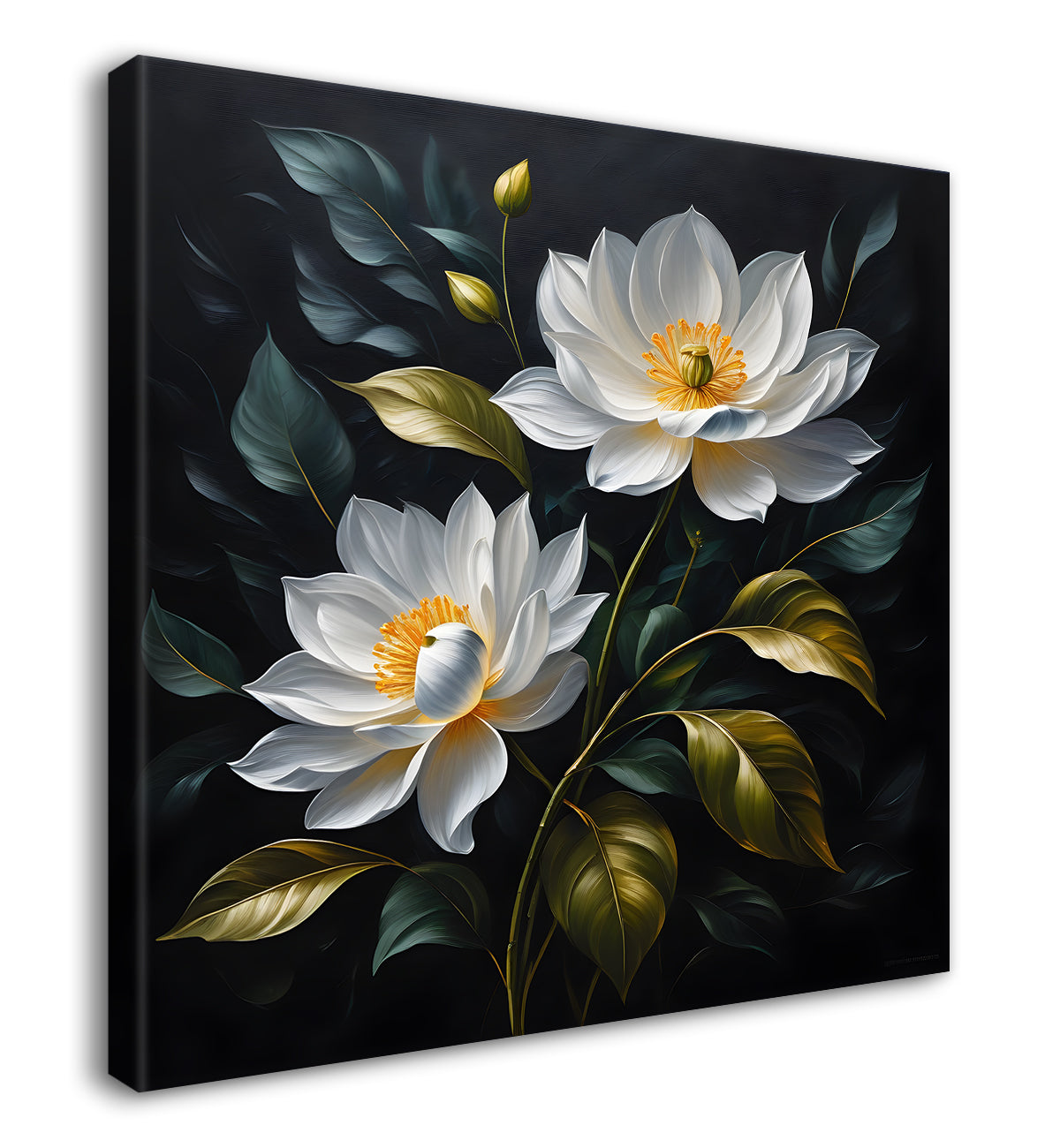 White flowers in black textured oil painting - Flower-S-477
