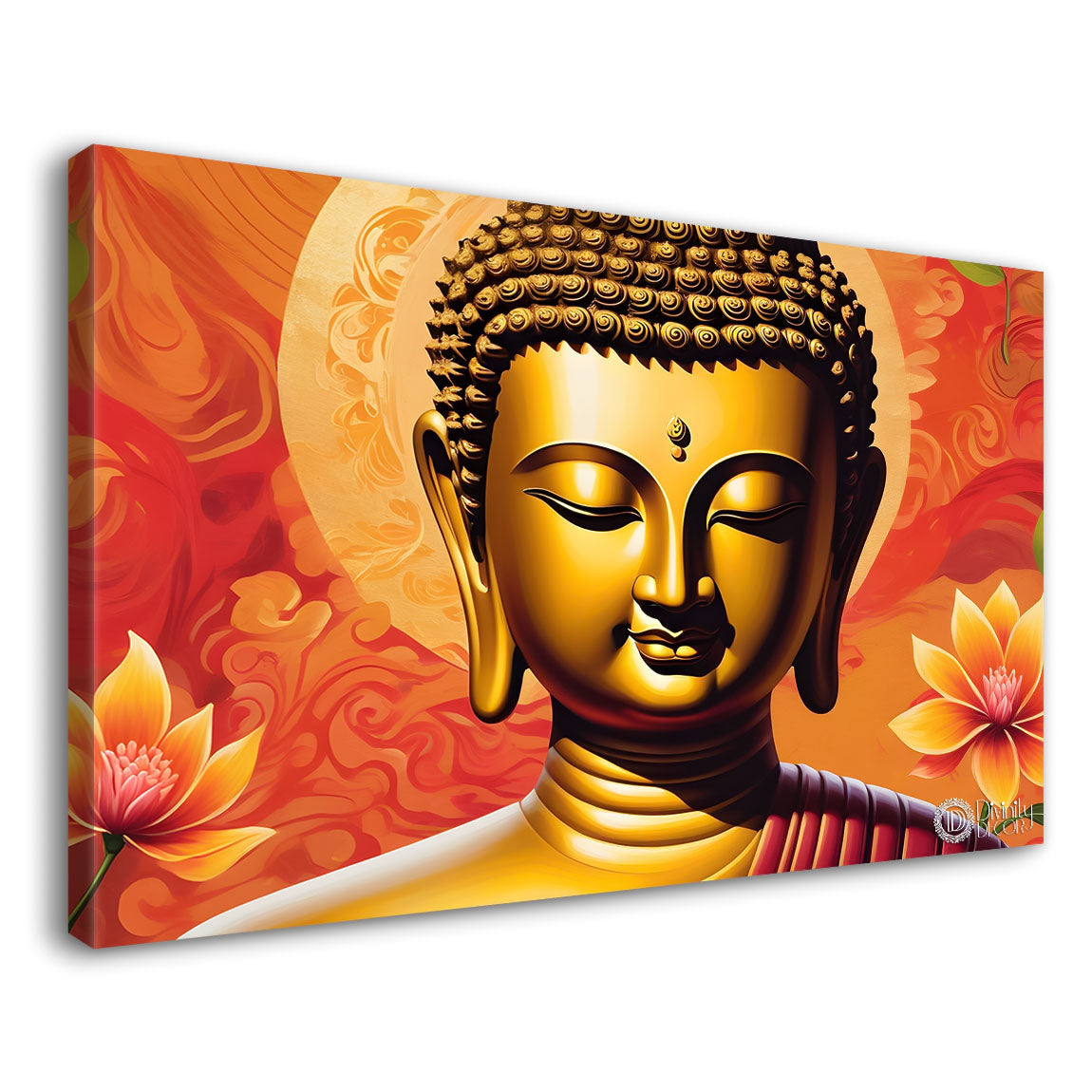 Golden buddha with orange background textured painting Canvas Wall Painting - Buddha-478