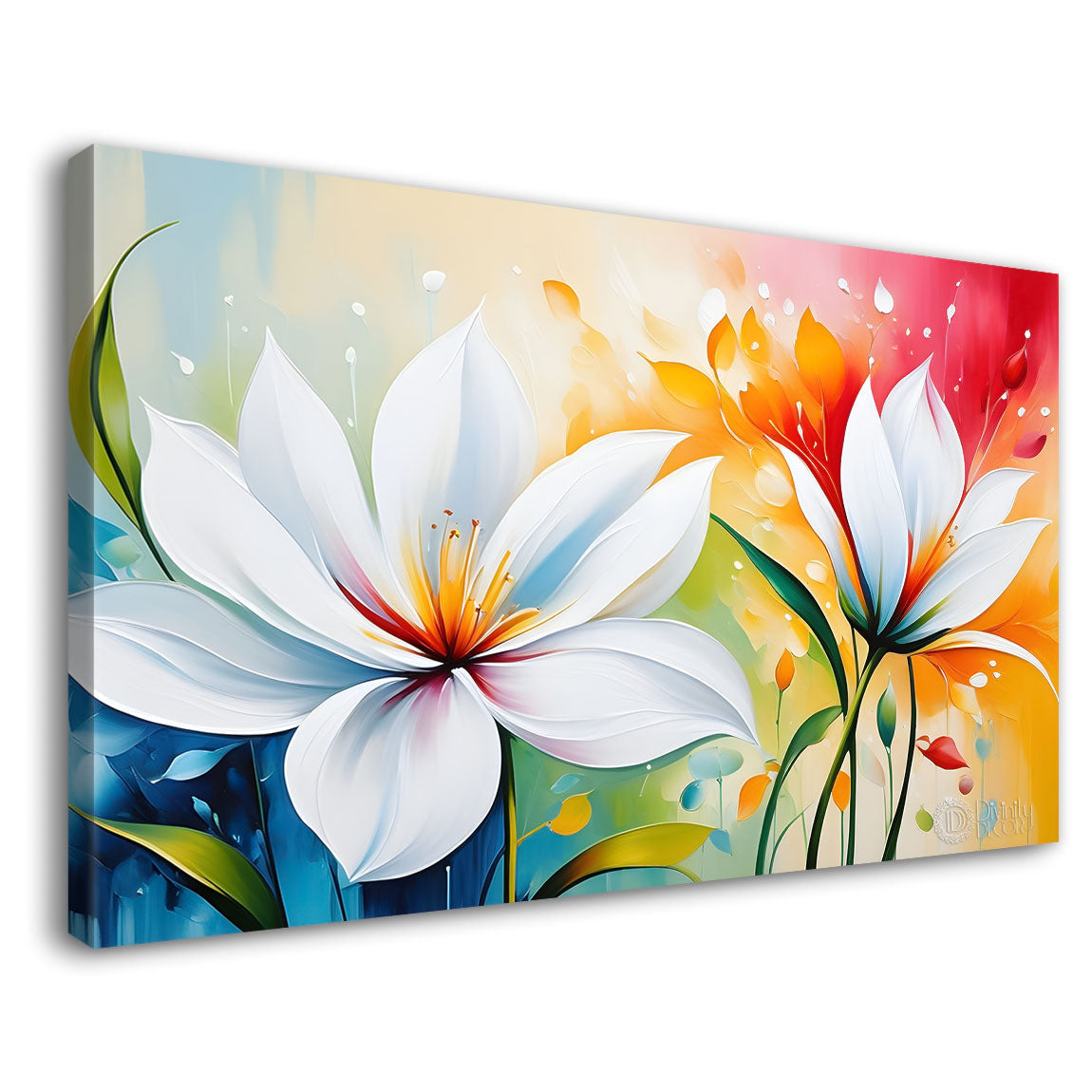 White flowers in colorful background canvas painting- Flower-478