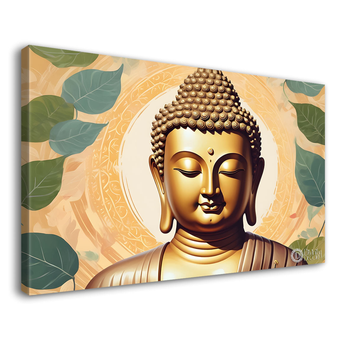 Golden buddha with green leaves and light background textured painting Canvas Wall Painting - Buddha-479