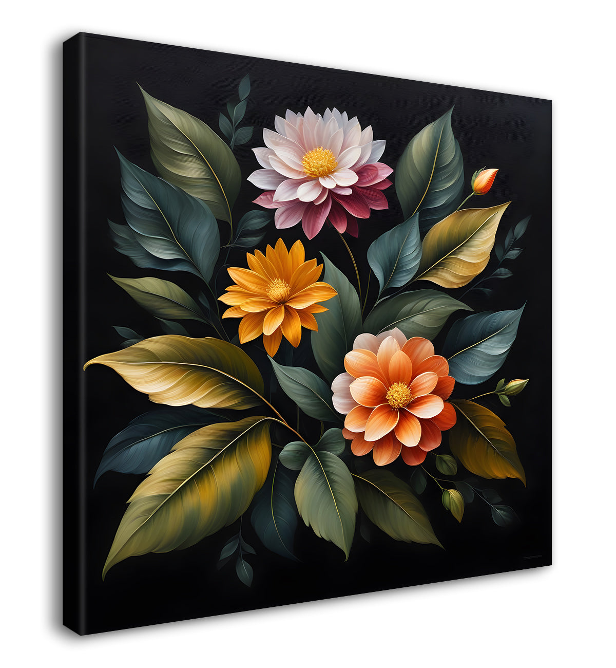 Orange and pink flowers in black textured oil painting - Flower-S-479