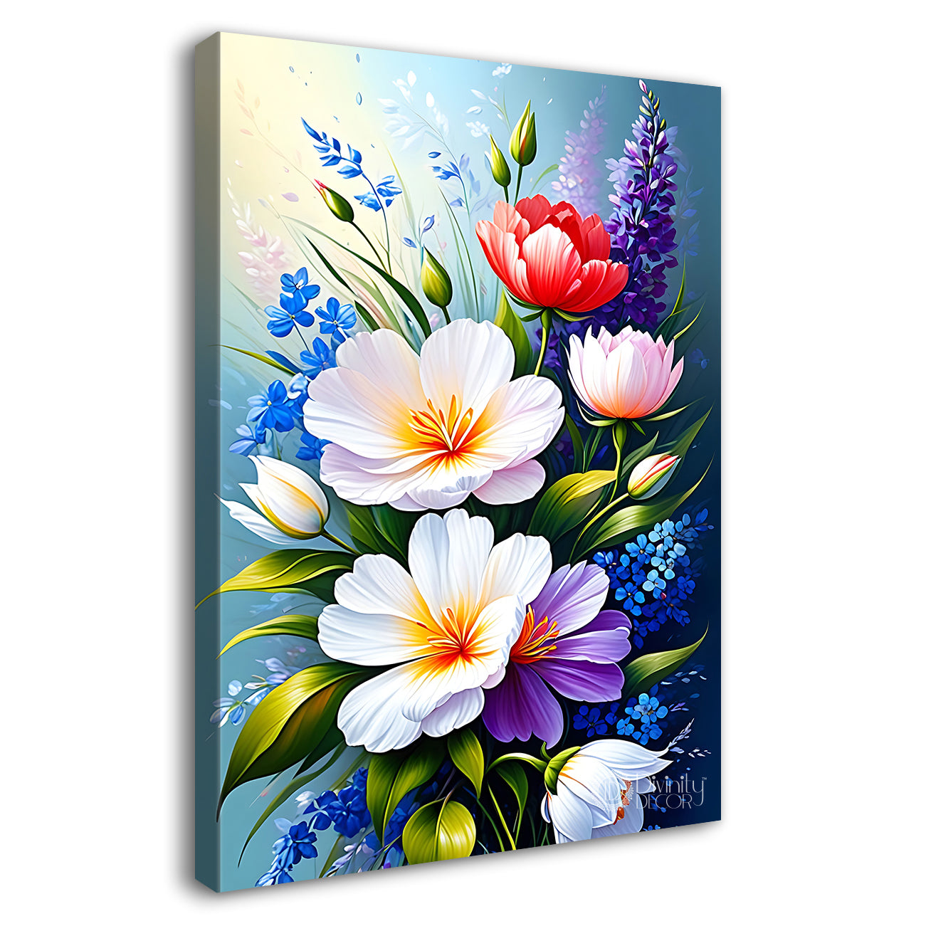 Colourful flowers in sky blue textured painting- Flower-V-479