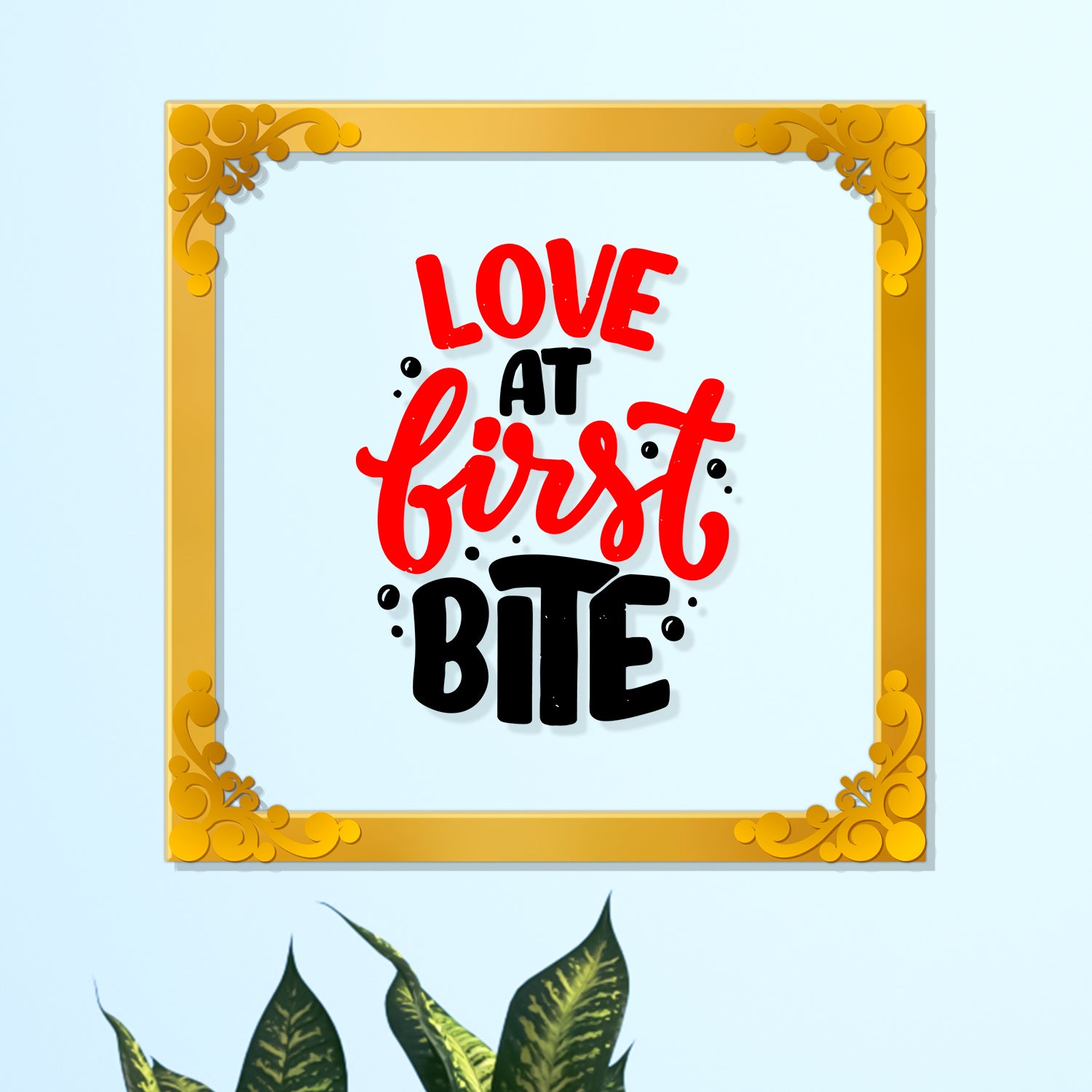 Love at first bite Golden Plaque for Gifting, Wall Decor Clear UV print with Golden Border-47
