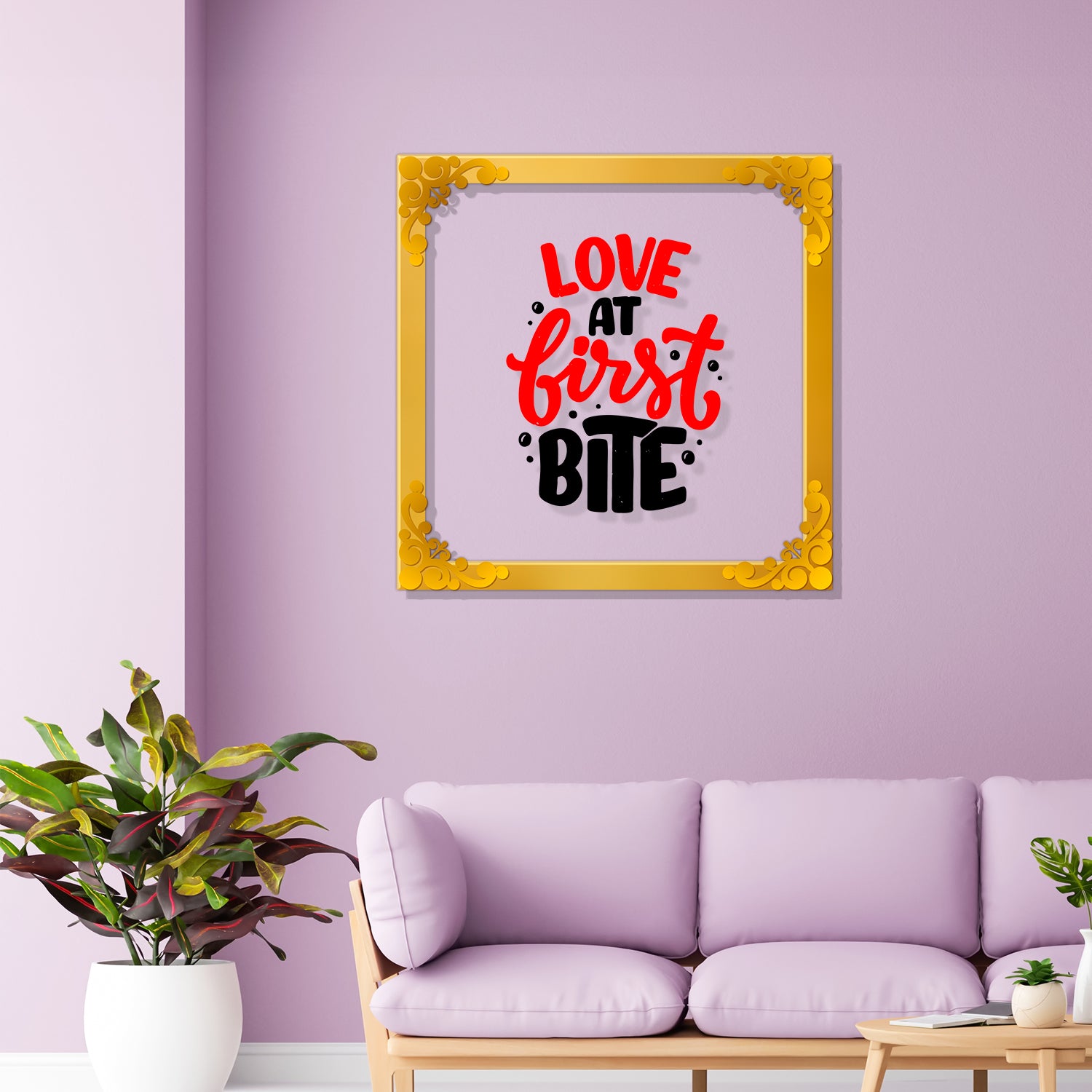 Love at first bite Golden Plaque for Gifting, Wall Decor Clear UV print with Golden Border-47