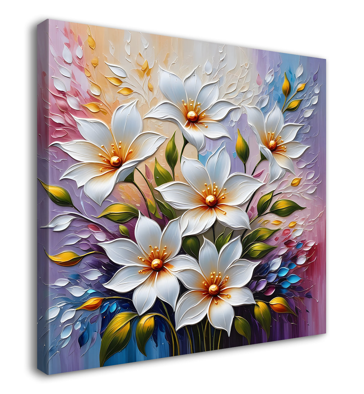 White flowers in colourful background textured painting - Flower-S-47