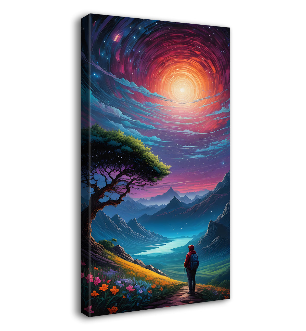 A man standing in night background with mountians and tree textured painting Canvas Painting - Nature Art -V-47