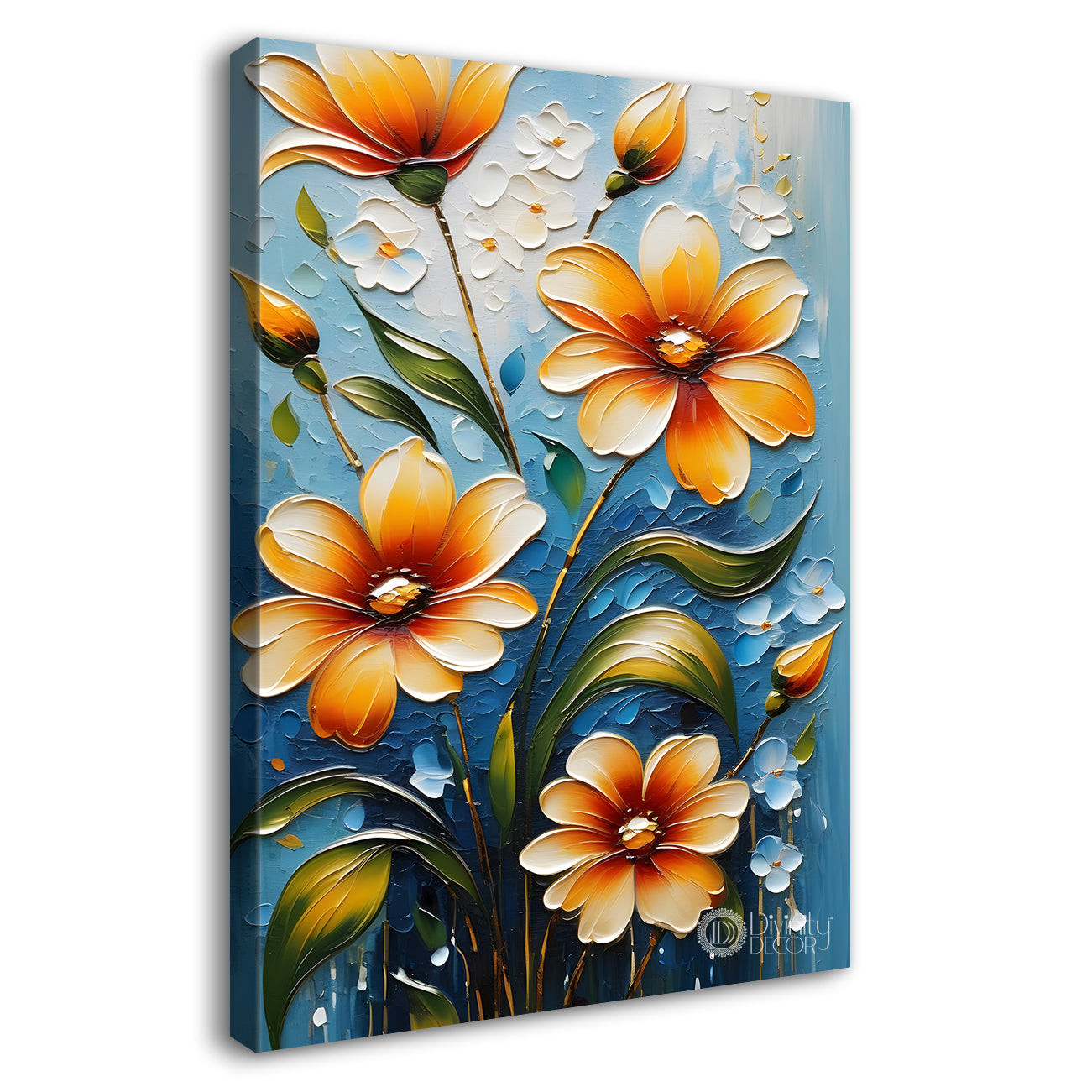 Orange flowers in blue textured background painting- Flower-V-47