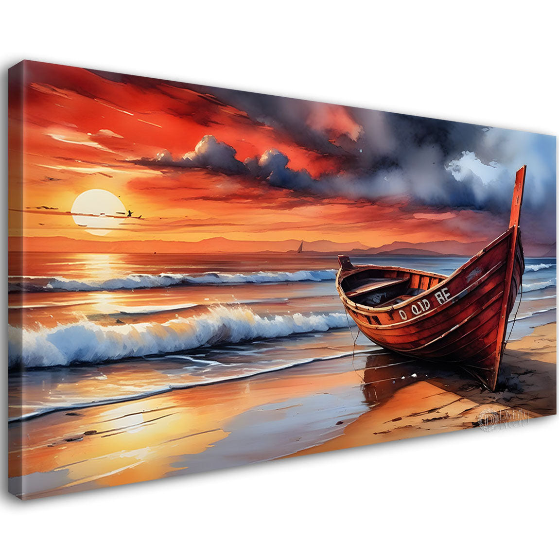 Boat on a beach with sunset background textured modern art canvas painting - Design - River-47