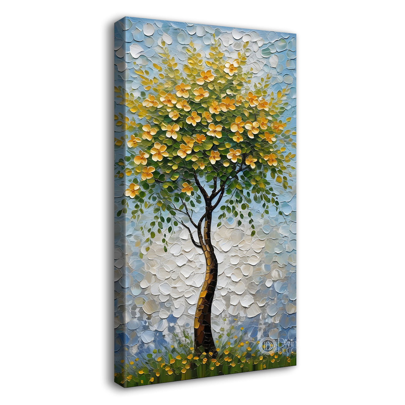White flowers tree in textured oil painting Canvas painting - Tree-V-47