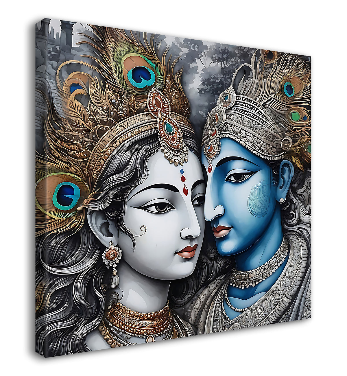 Krishna and Radha with grey and brown textured oil  Canvas Painting 24X24- Design - Krishna-S-47