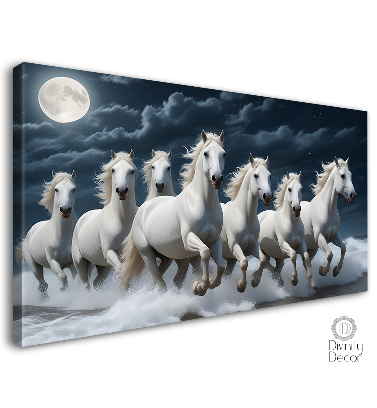 White running horses with moon and cloudy in dark textured background art Canvas Painting - Design - Horse-48