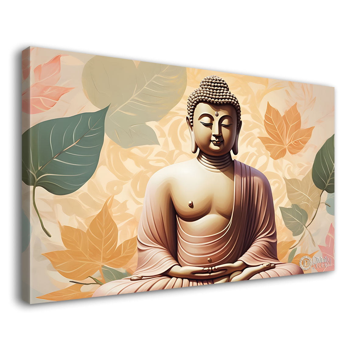 Golden buddha with green leaves and light background textured painting Canvas Wall Painting - Buddha-480