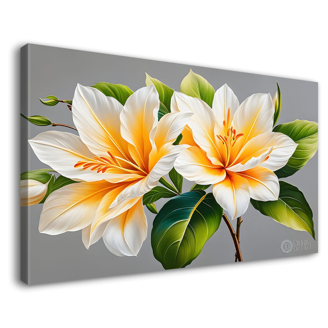 White lily flowers in grey background canvas painting- Flower-481