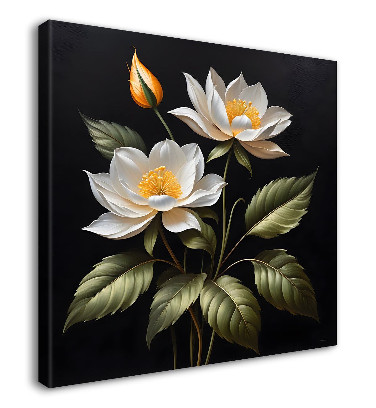 White flowers in black textured oil painting - Flower-S-481