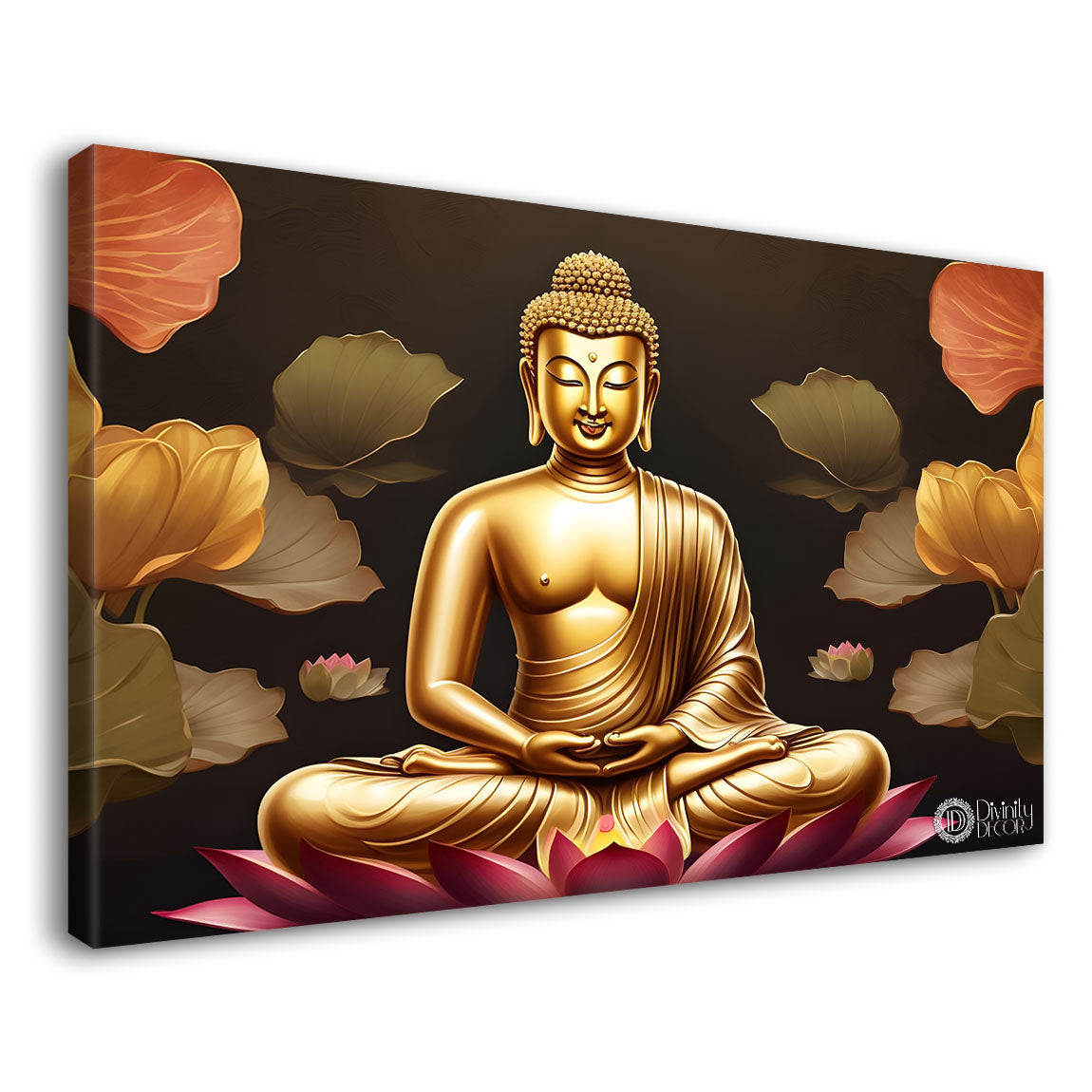 Golden buddha with the brown and beautiful flowers background textured painting Canvas Wall Painting - Buddha-482