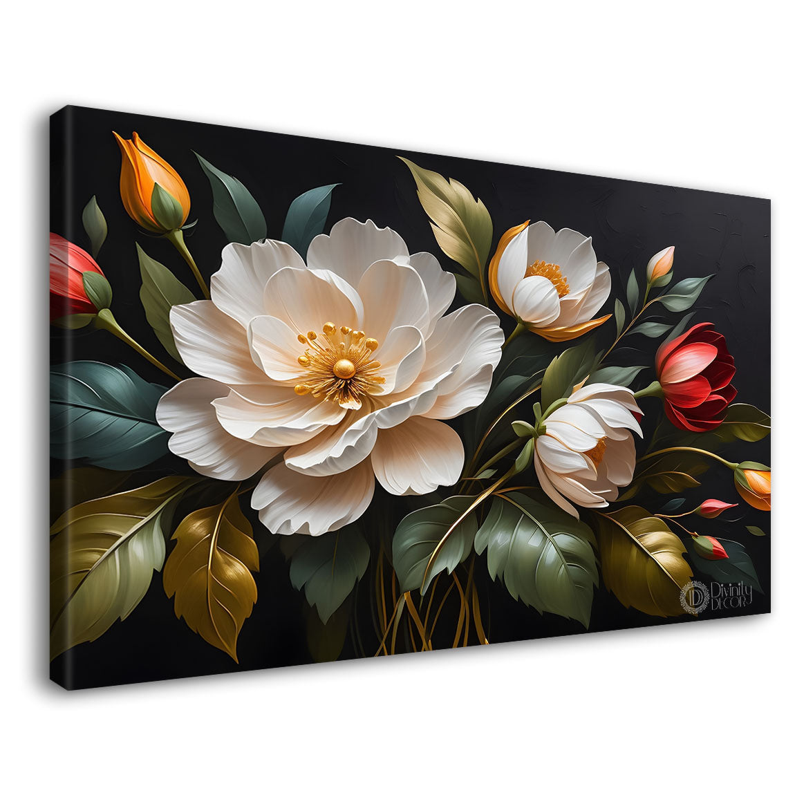 White flowers in black background canvas painting- Flower-482