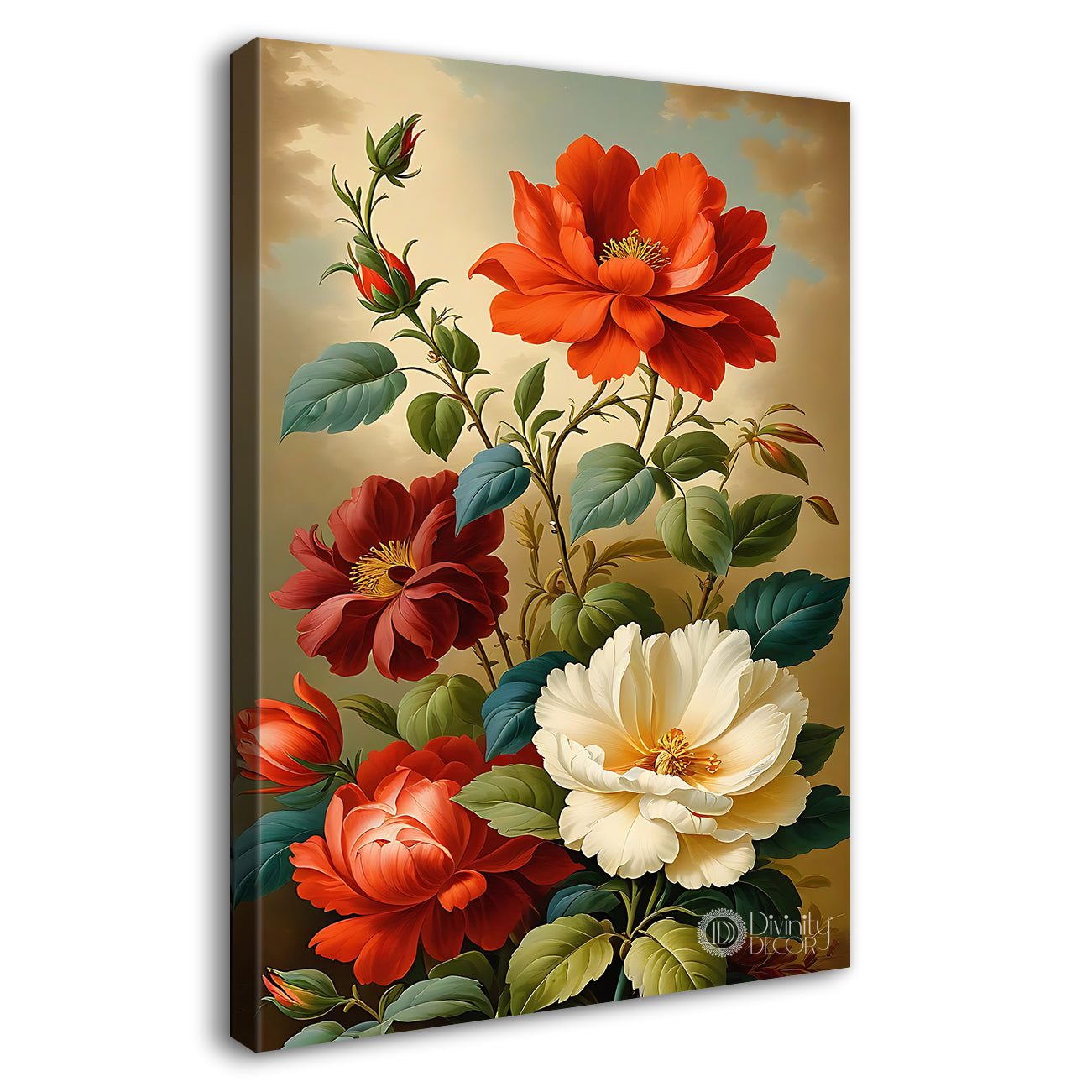 White and red flowers in light brown textured painting- Flower-V-482