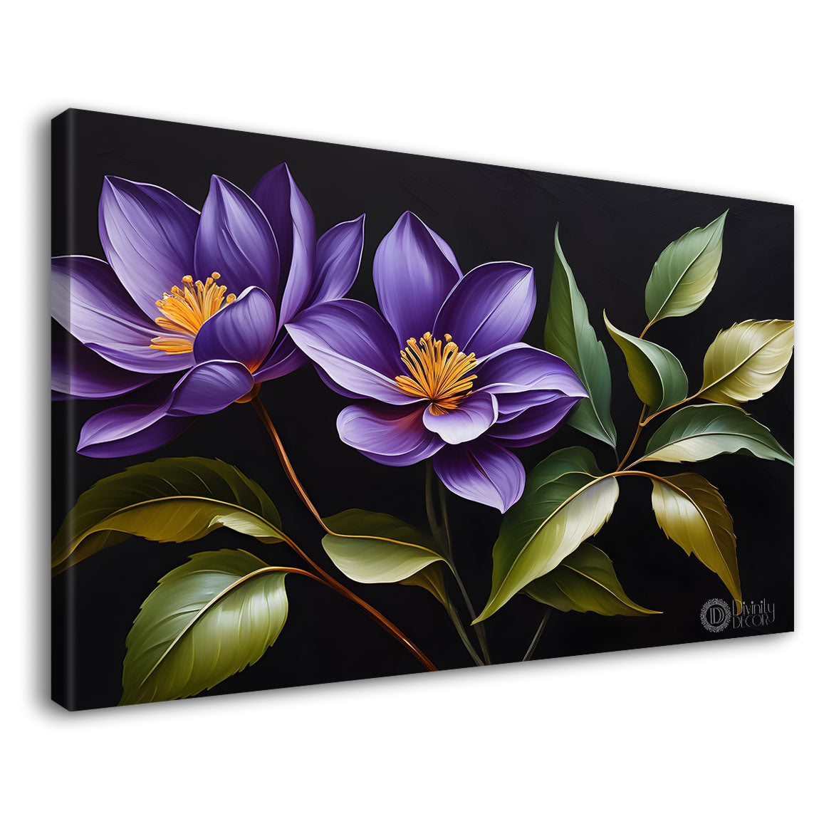 Purple flowers in black background canvas painting- Flower-483