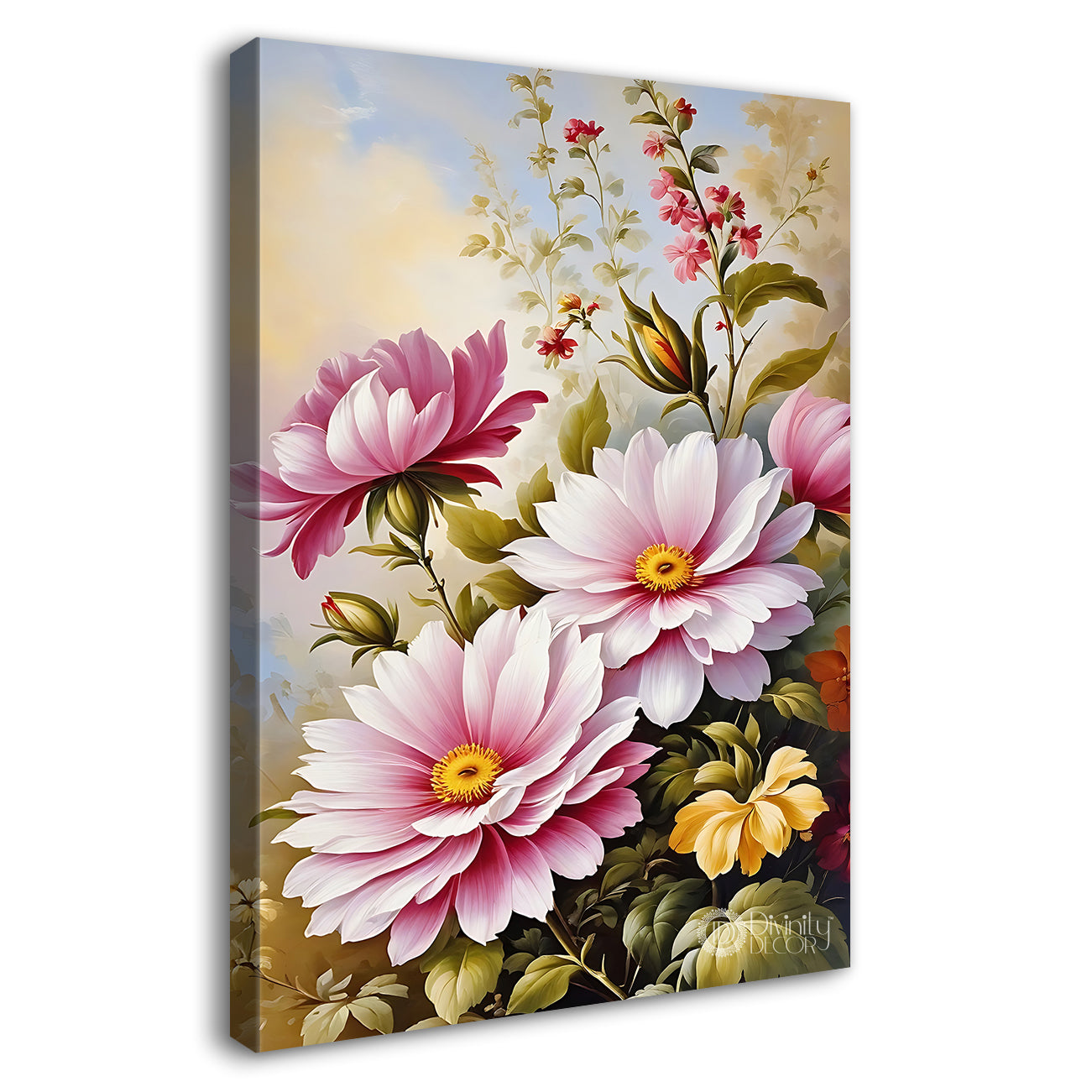Pink flowers in grey textured painting- Flower-V-483