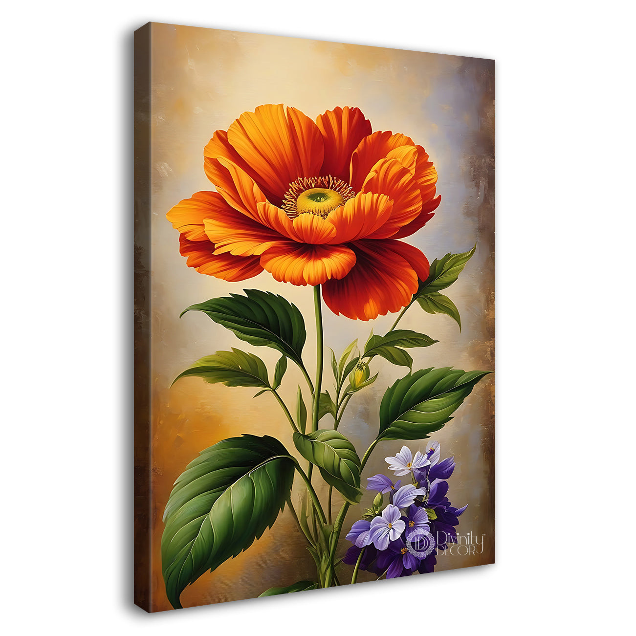 Orange flower in light brown textured art - Flower-V-484