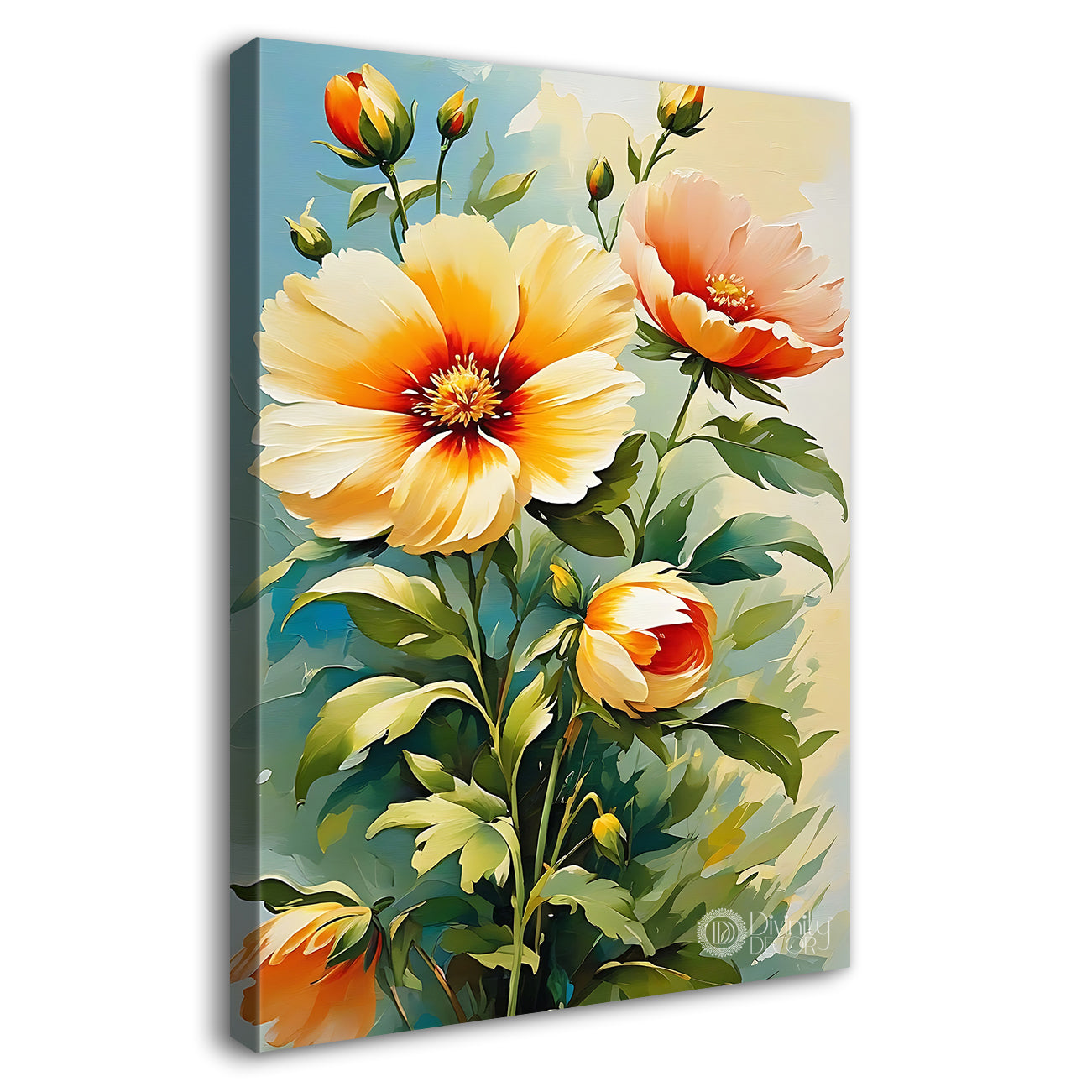 Yellow flowers in green textured background painting - Flower-V-485