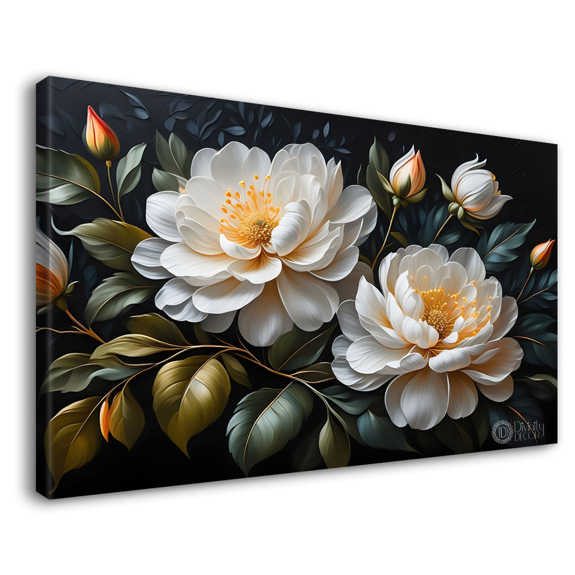 White flowers in black background canvas painting- Flower-485