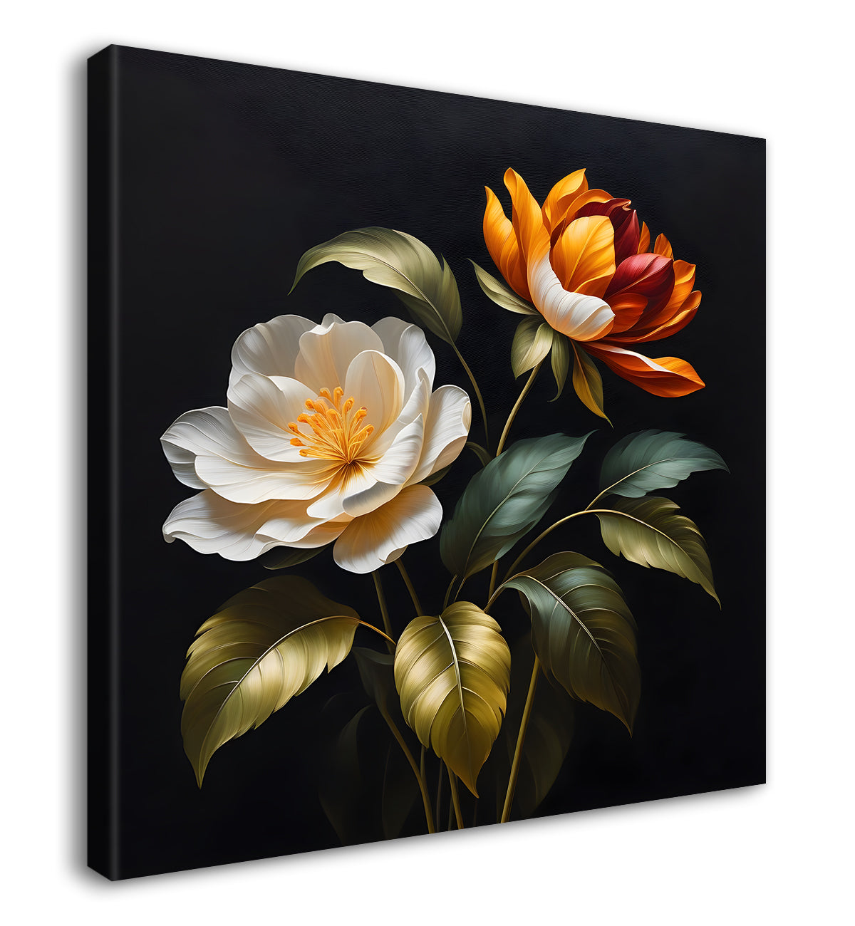 White flower in black textured oil painting - Flower-S-486