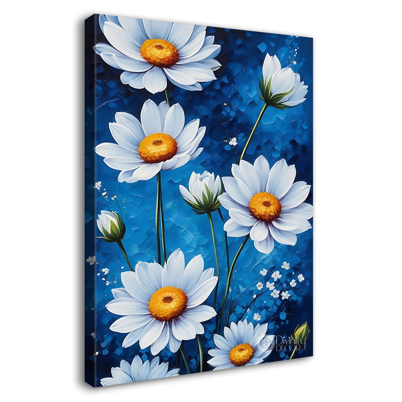 White flowers in navy blue background painting - Flower-V-486