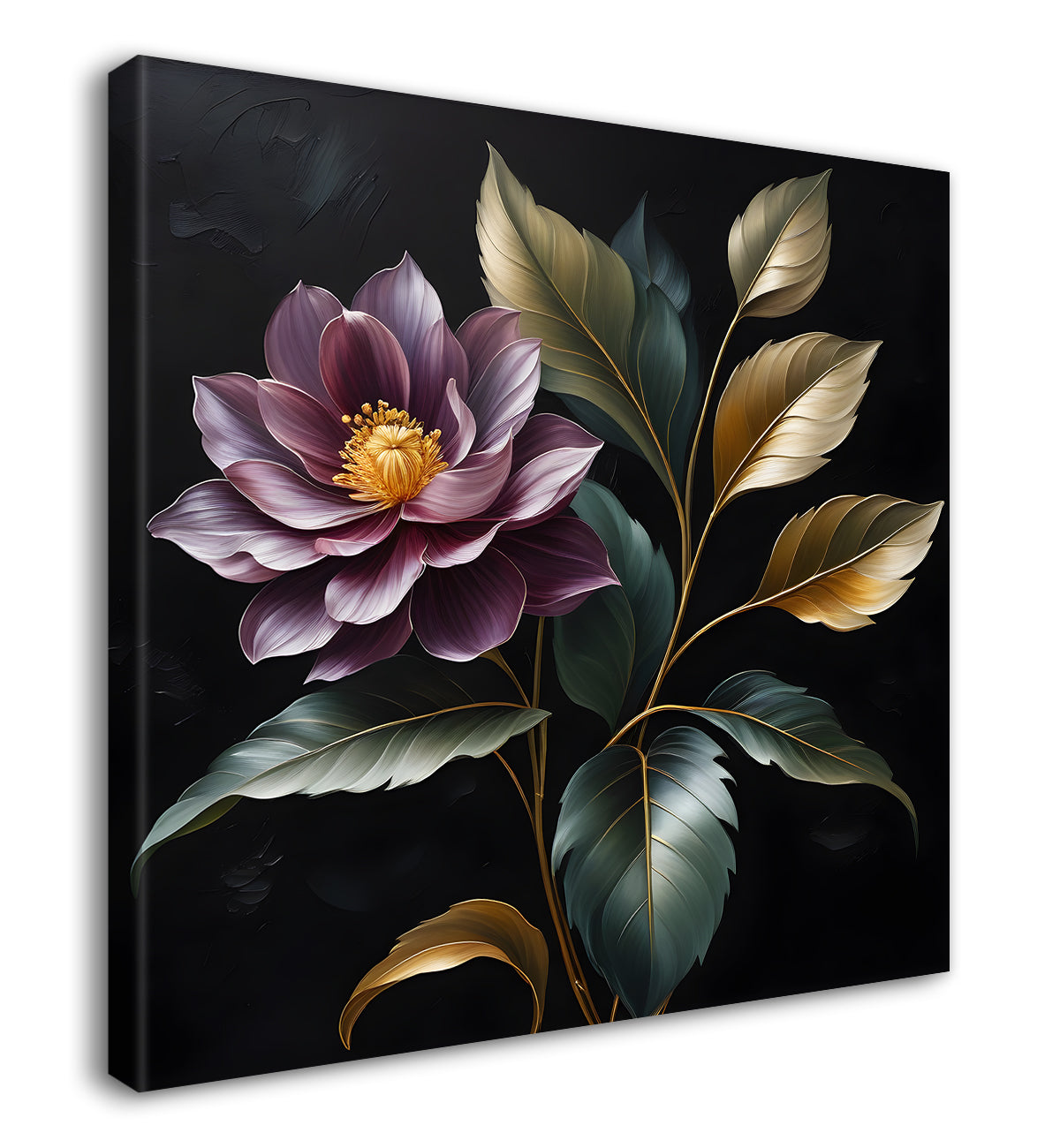 Purple flower in black textured oil painting - Flower-S-487