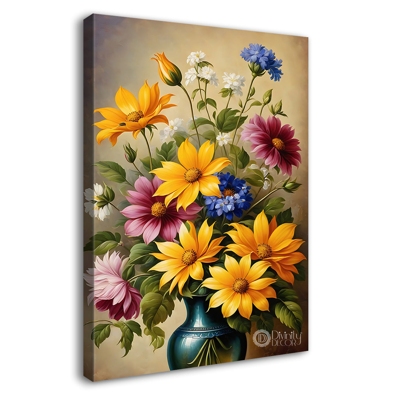 Yellow flowers in light brown textured painting - Flower-V-487