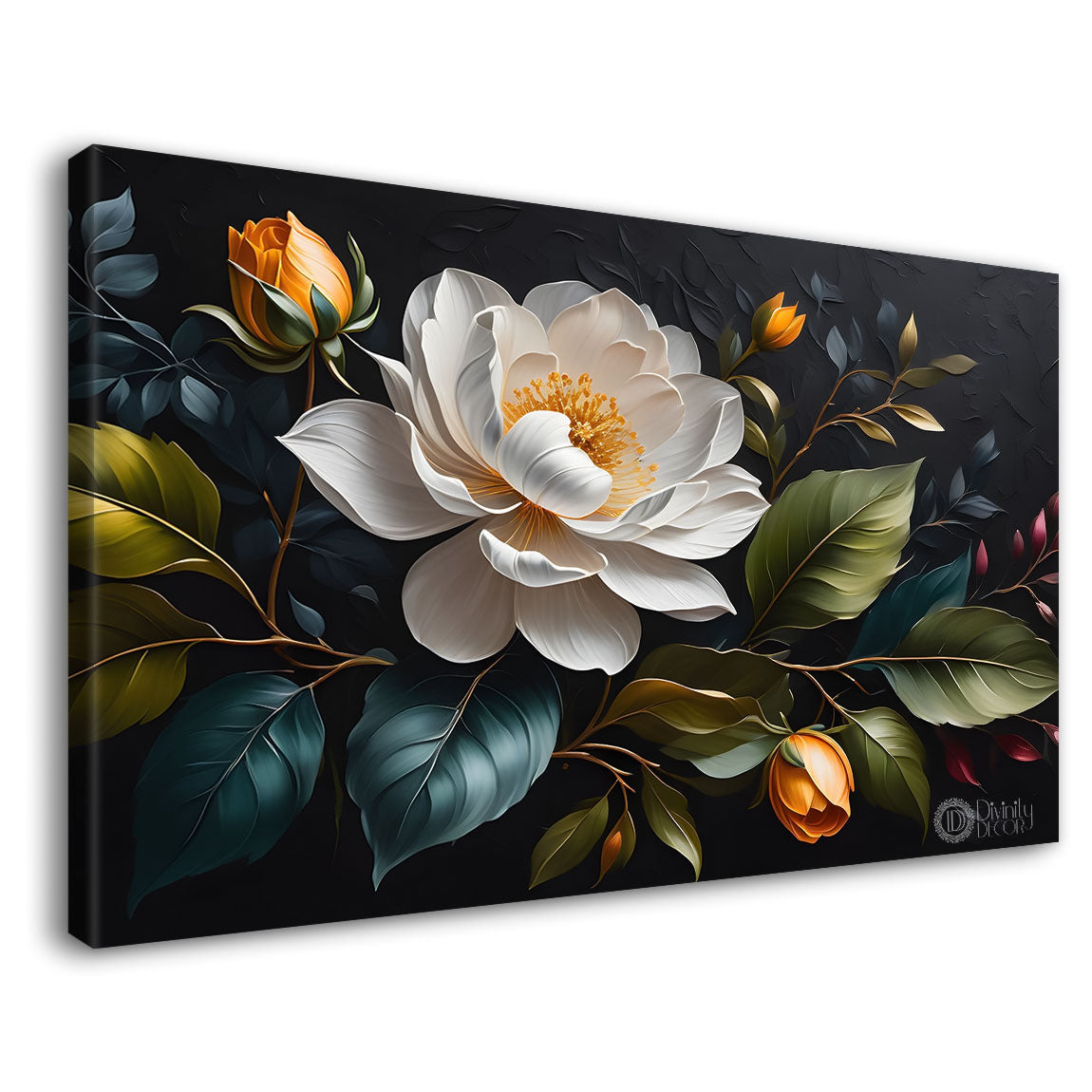 White flowers in black background canvas painting- Flower-487